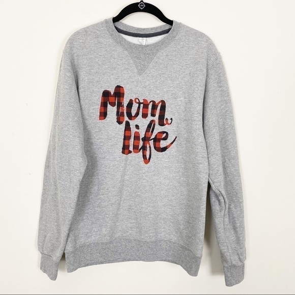 MOM LIFE Buffalo Plaid Cozy Crewneck Popover Sweatshirt Small Oversized Casual - Picture 2 of 6